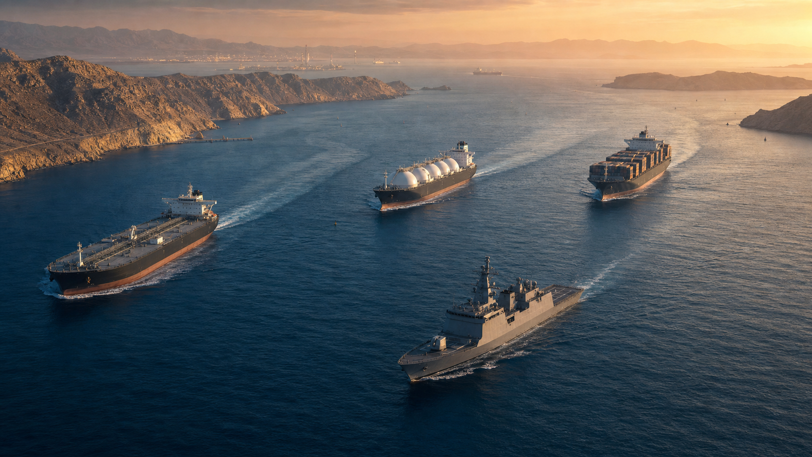 Oil, gas, and container ships pass between arid coastlines as a grey naval frigate patrols the Strait of Hormuz.