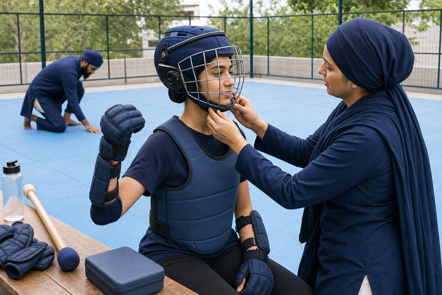 An instructor checks a Sikh girl's helmet and protective equipment before Gatka practice in a clear training area.