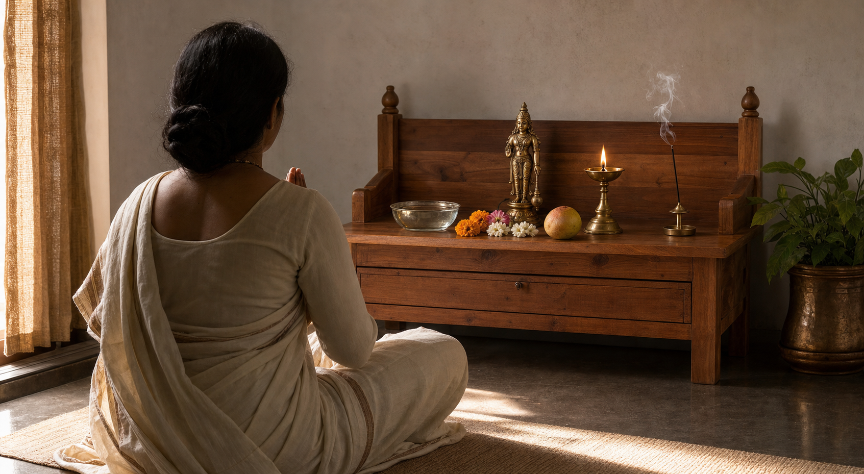 A devotee sits before a simple home altar with a brass murti, oil lamp, water, flowers, fruit, and incense.