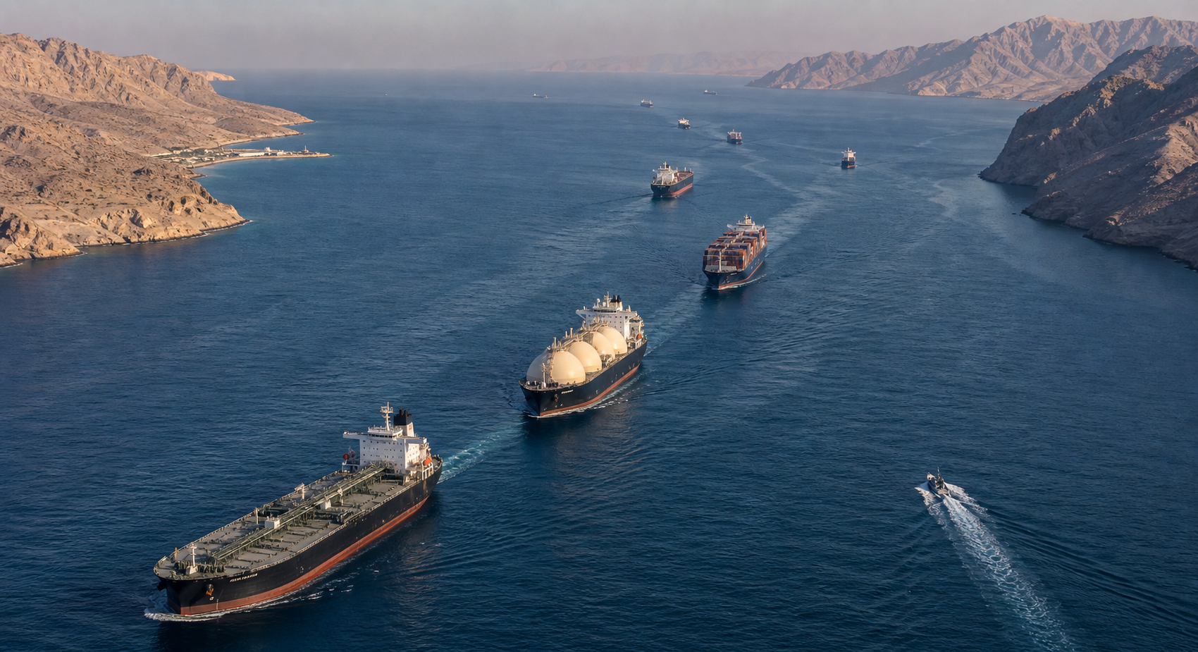 Tankers and container ships follow a narrow shipping route between the rugged coastlines of the Strait of Hormuz.