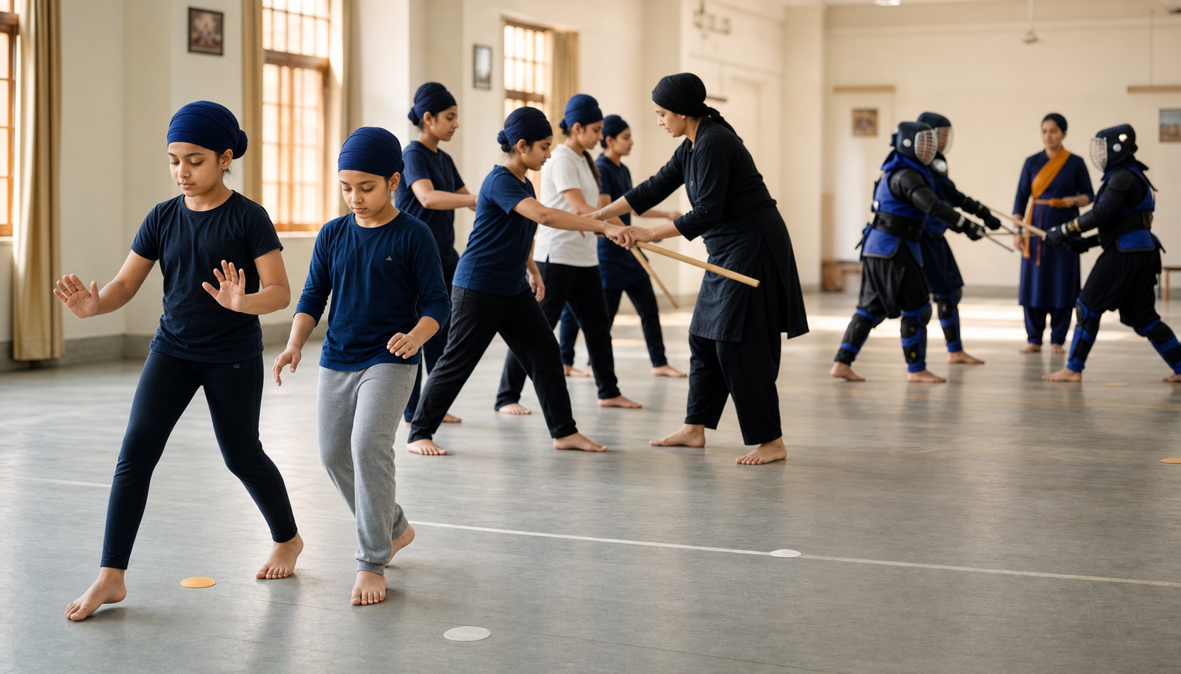 A supervised girls' Gatka class moves from basic footwork to distance drills and protected sparring in separate parts of a training hall.