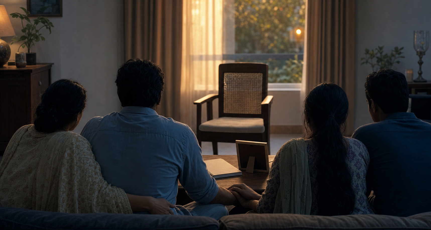 An anonymous family sits beside an empty chair and closed legal papers in a softly lit home.