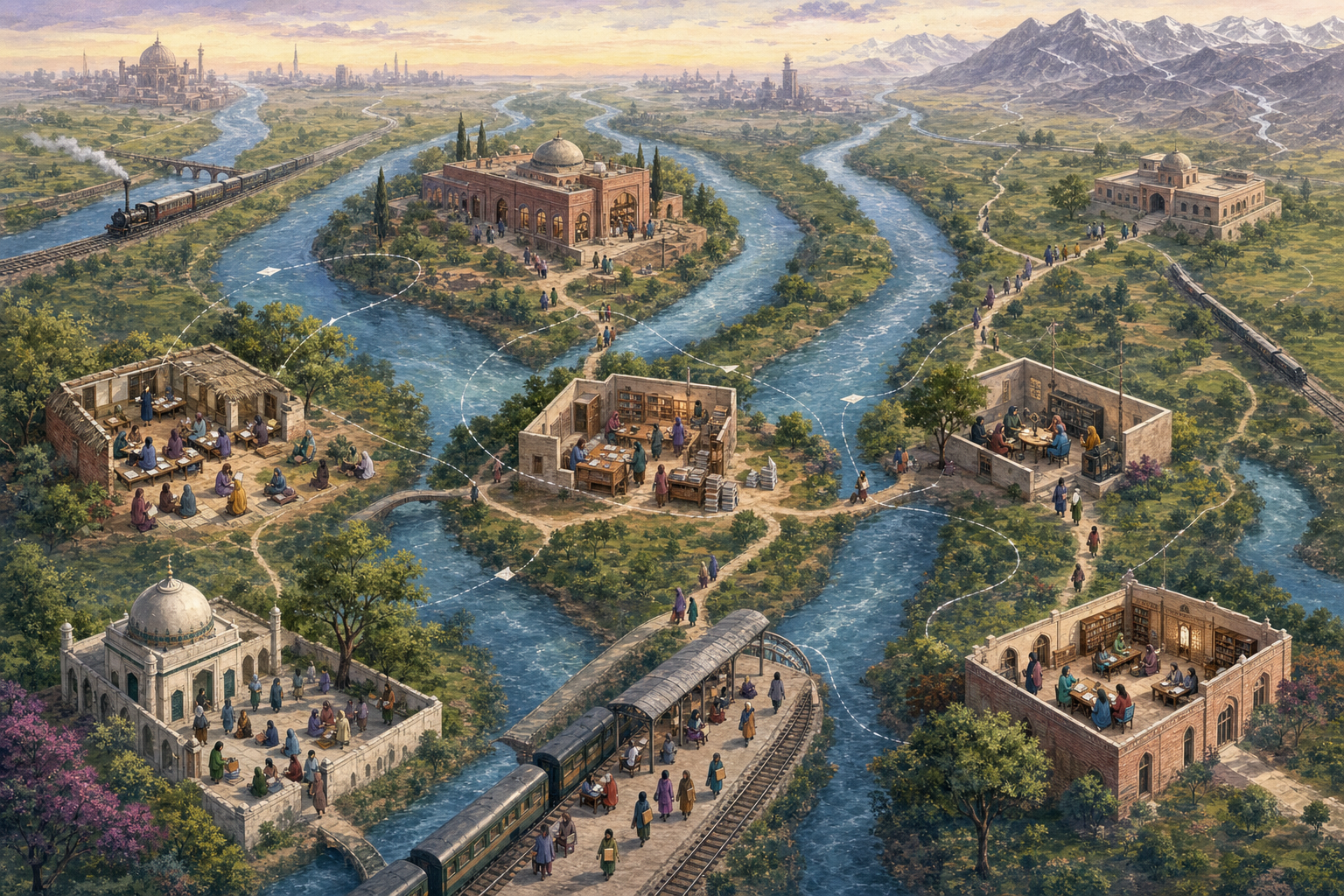 An imagined Punjabi plain links schools, a university, a radio studio, an archive, a shrine courtyard, and a railway through rivers and paths traveled by women readers and researchers.