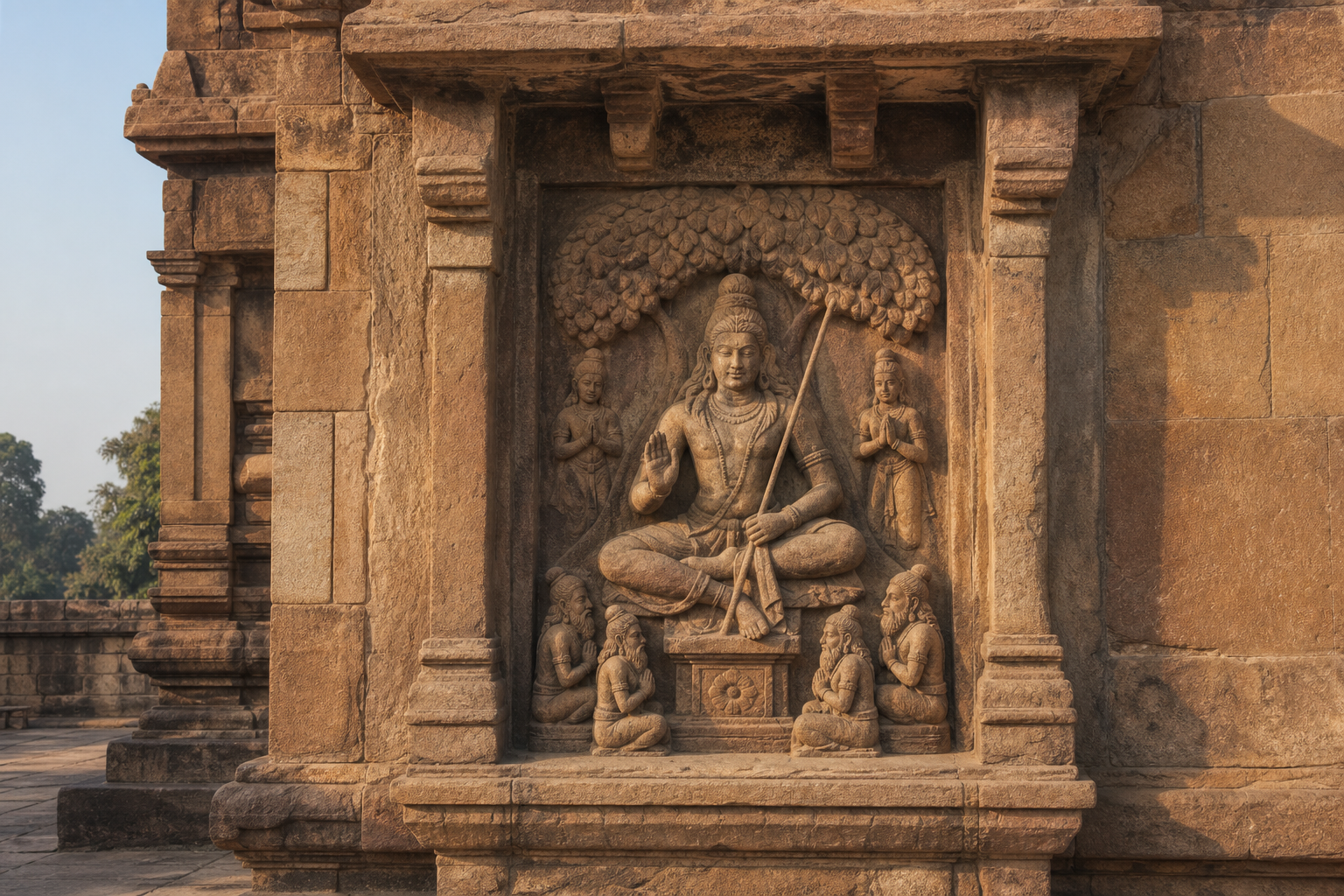 Weathered temple niche showing Shiva seated as a teacher with a slender staff, small sages, a pedestal, and a tree canopy.