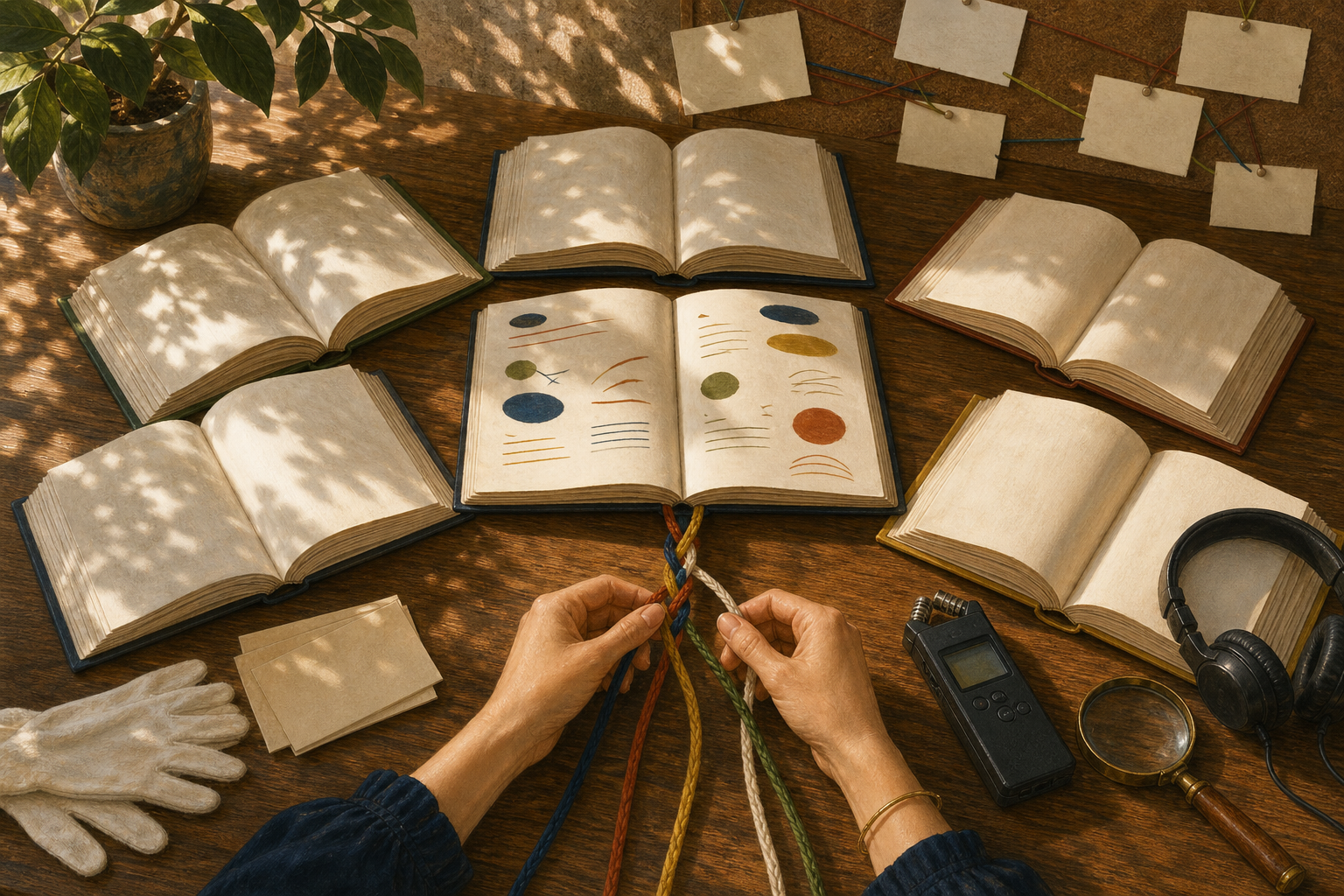 A woman's hands braid five colored strands beside open unmarked books, blank note cards, headphones, a recorder, and archival tools on a sunlit desk.