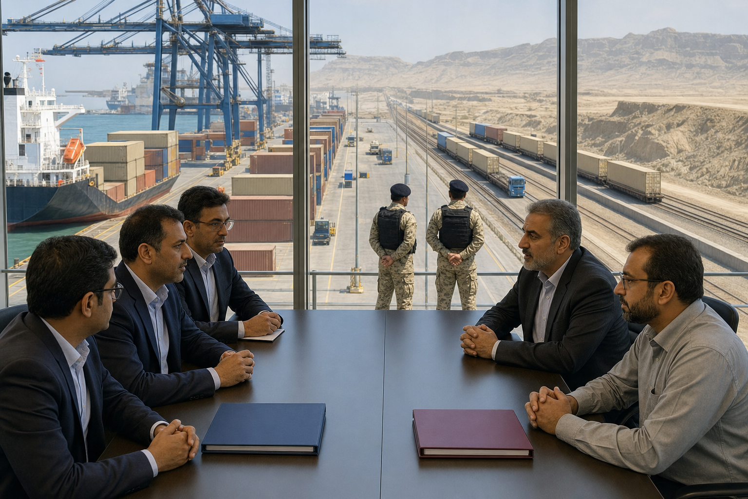 Indian and Iranian port professionals meet in an operations room overlooking a cargo ship, cranes, containers, and an inland transport corridor.