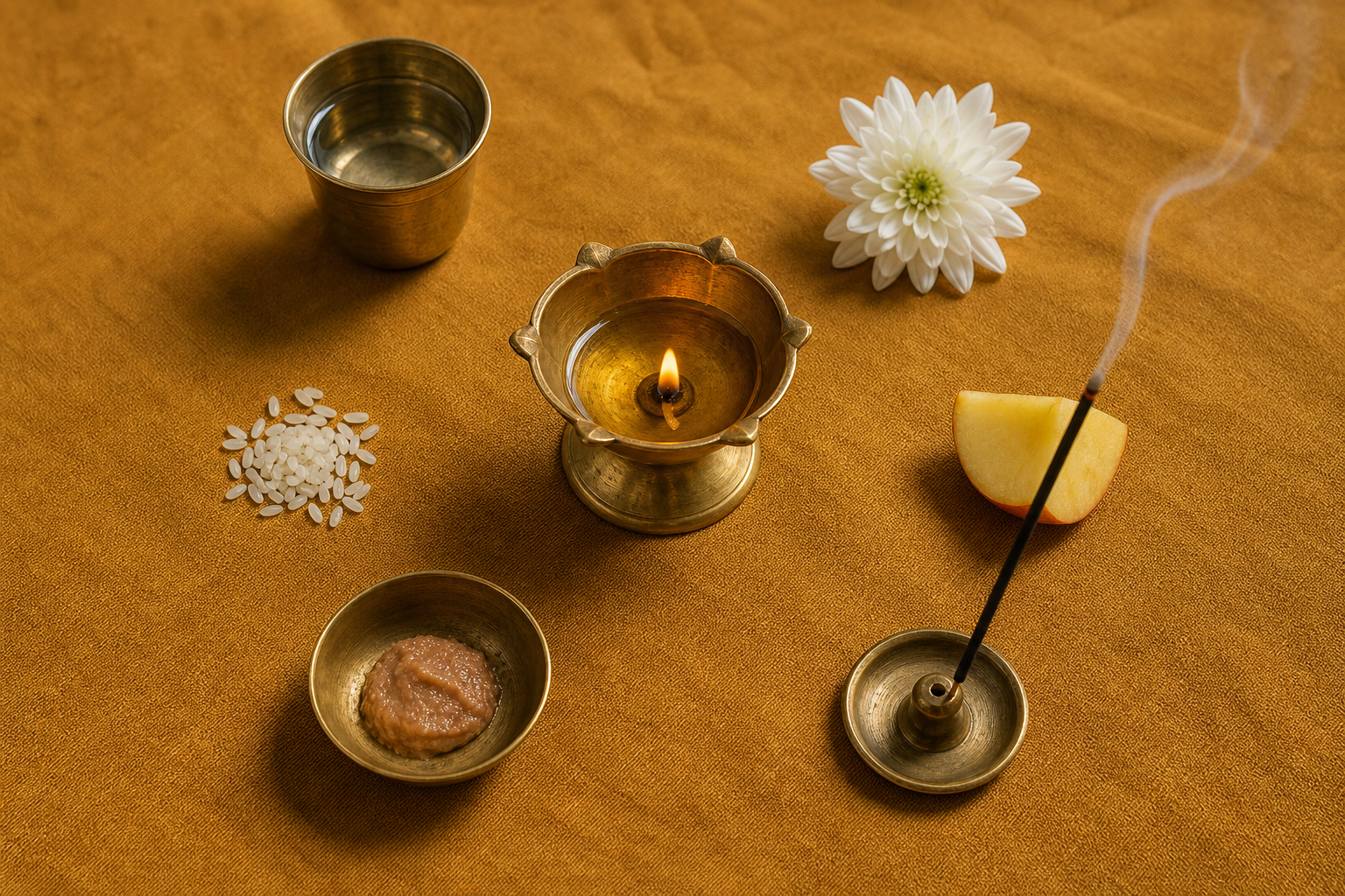 An overhead arrangement of a lit oil lamp, water, flower, rice, fruit, sandalwood paste, and incense on an ochre cloth.