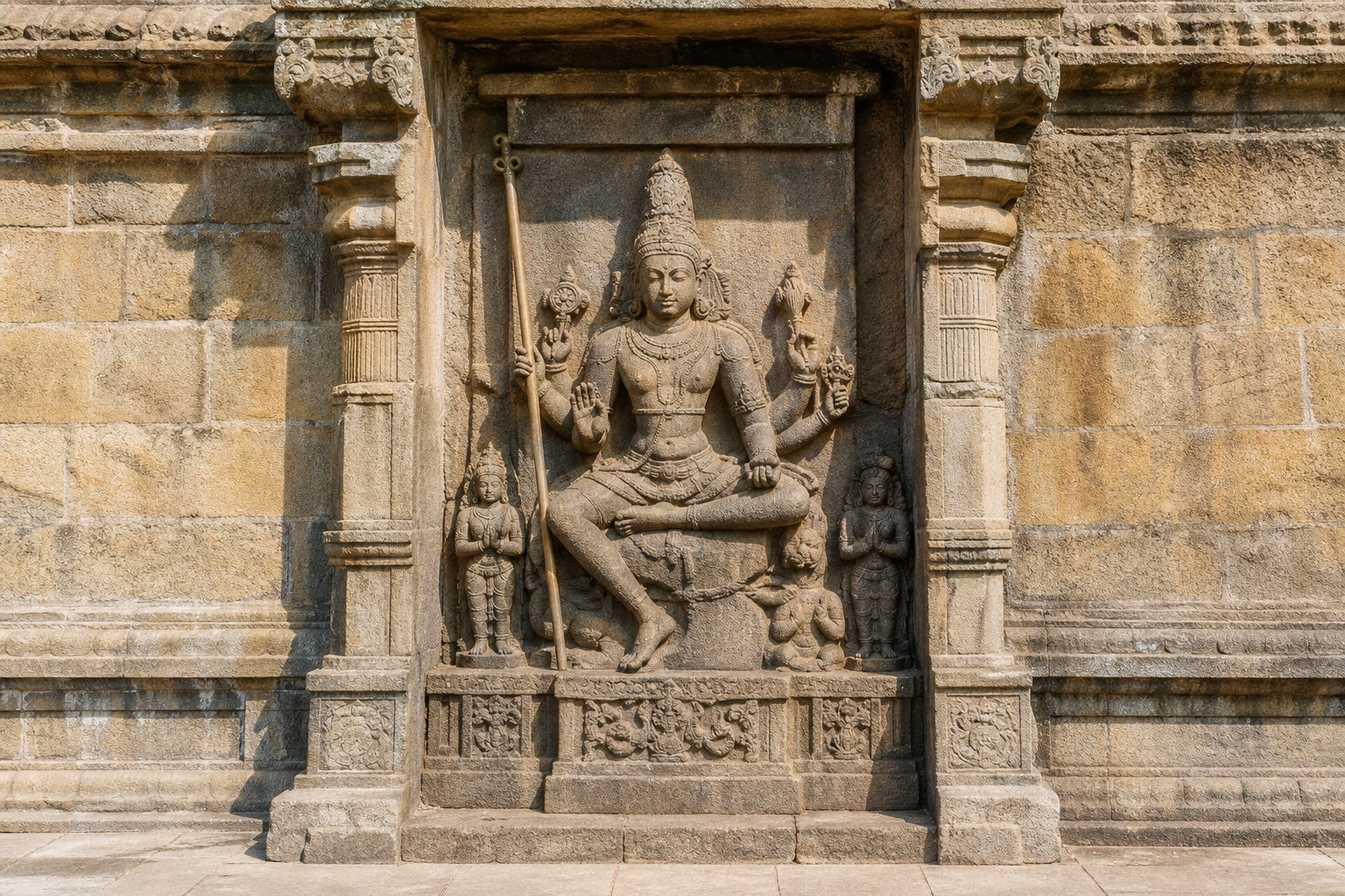 Full temple-wall relief of a seated Shiva teacher with a staff, visible hands, attendants, pedestal, and surrounding niche architecture.