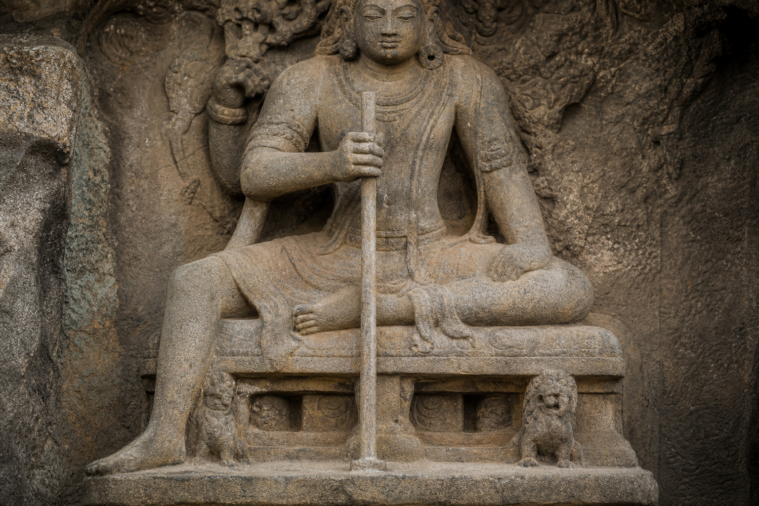 Close view of a seated Shiva teacher whose hand grips a straight staff extending toward the stone pedestal.