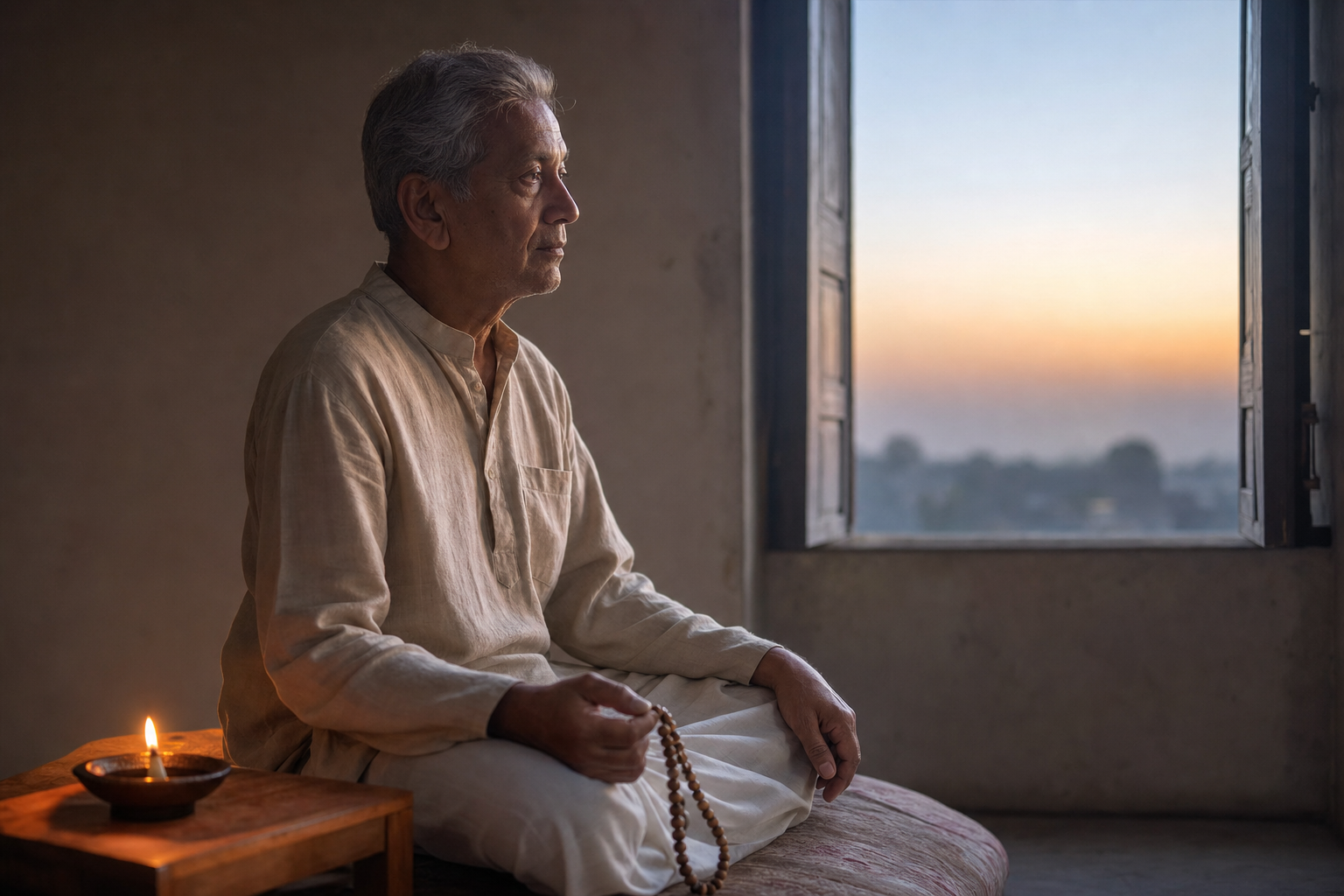 An older South Asian adult meditates beside an open window at dawn, with wooden prayer beads and a small glowing oil lamp nearby.