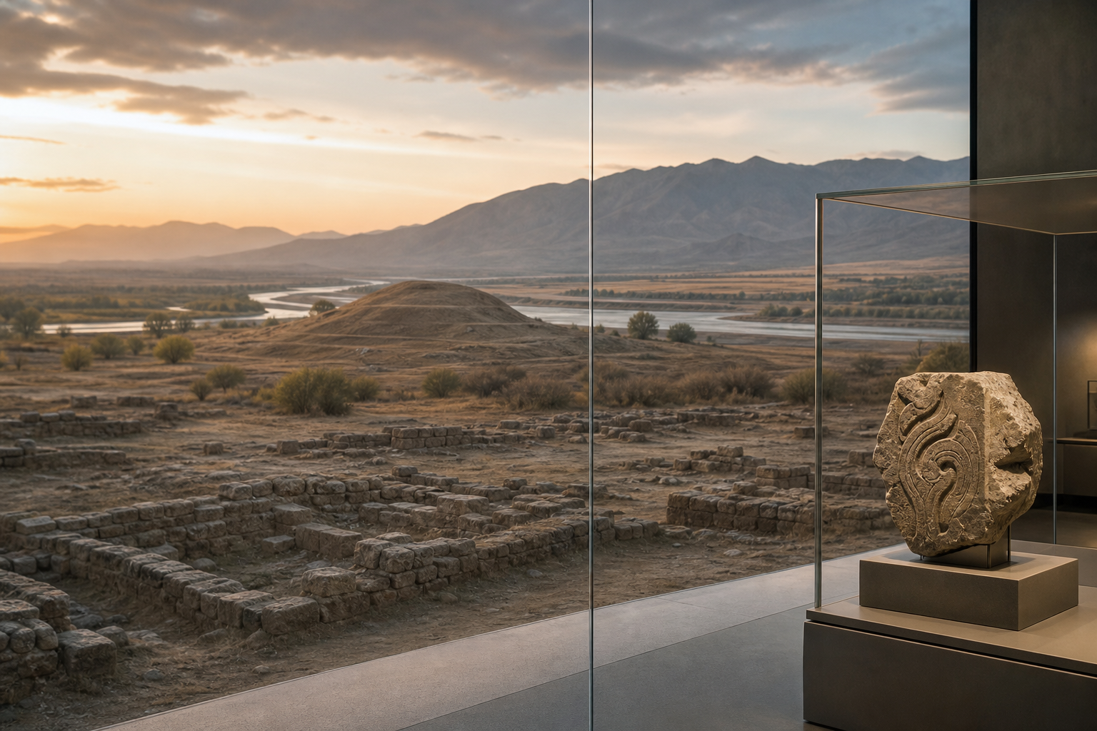 A conserved ancient fragment in a museum display stands before a river plain with archaeological ruins and distant mountains.