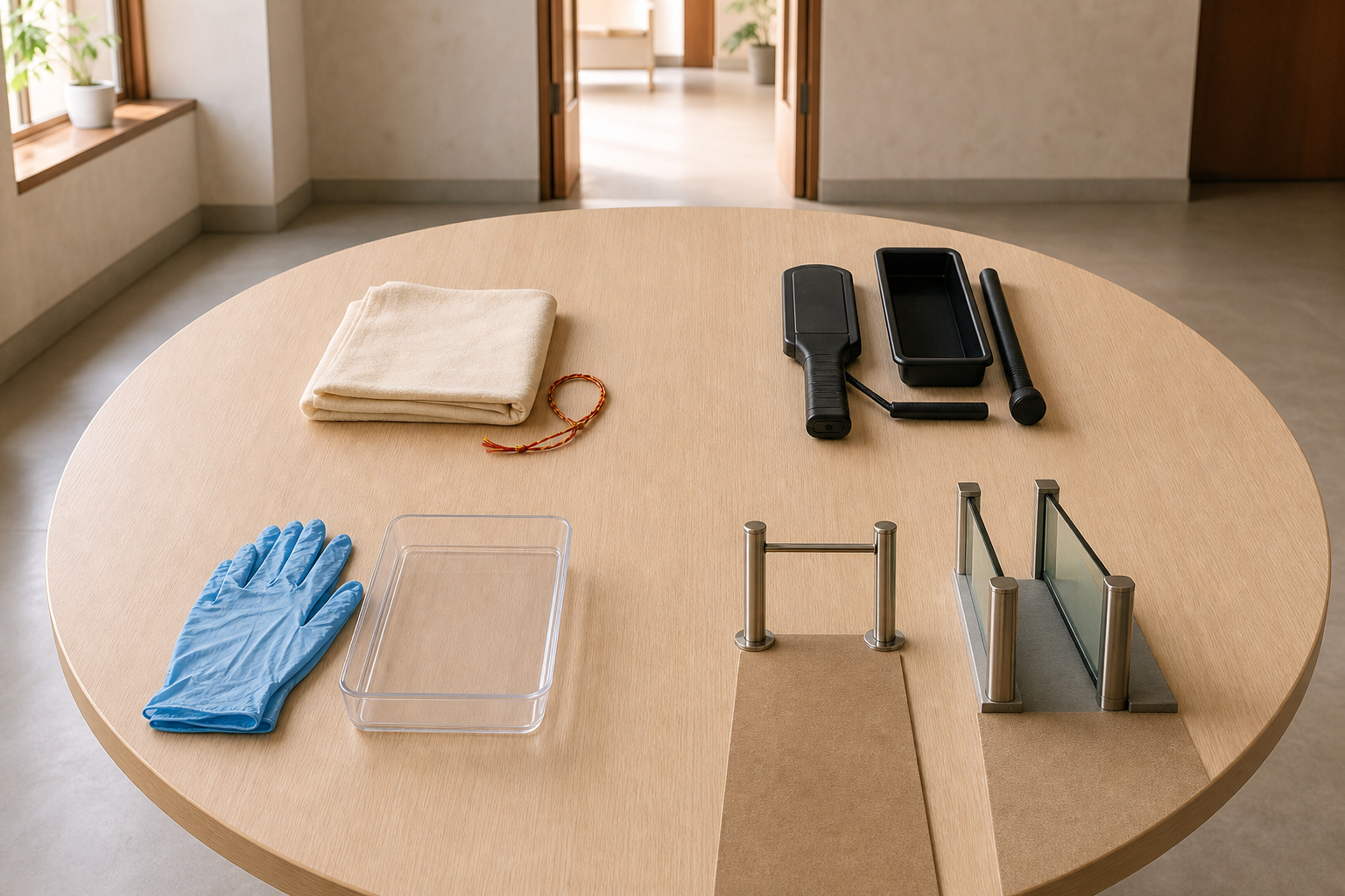 Four symbolic arrangements on a round table show a prayer thread, security tools, protective equipment, and alternative routes to the same doorway.