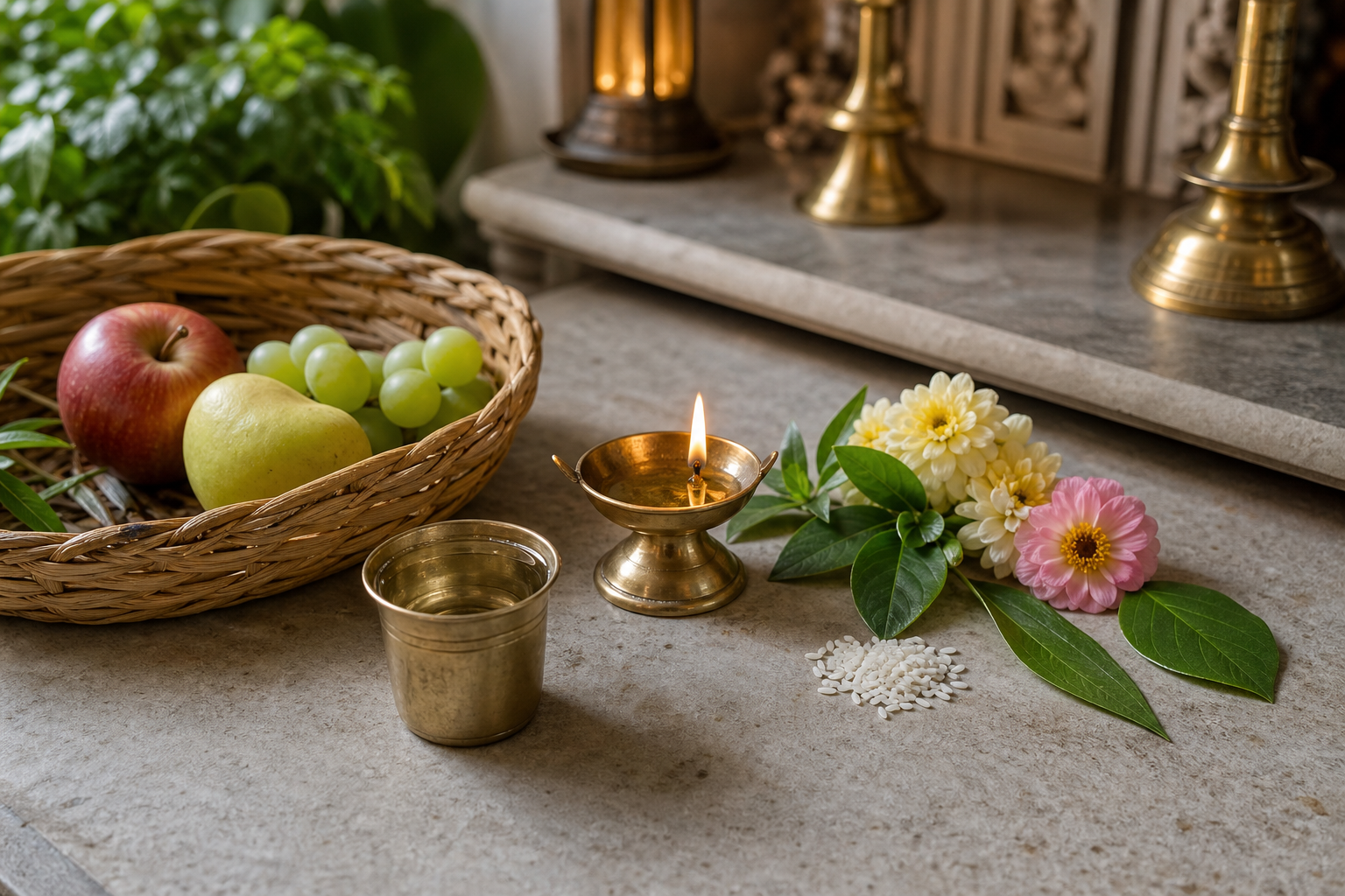 Seasonal fruit, flowers, leaves, water, rice, and a reusable brass lamp are arranged as modest puja offerings.