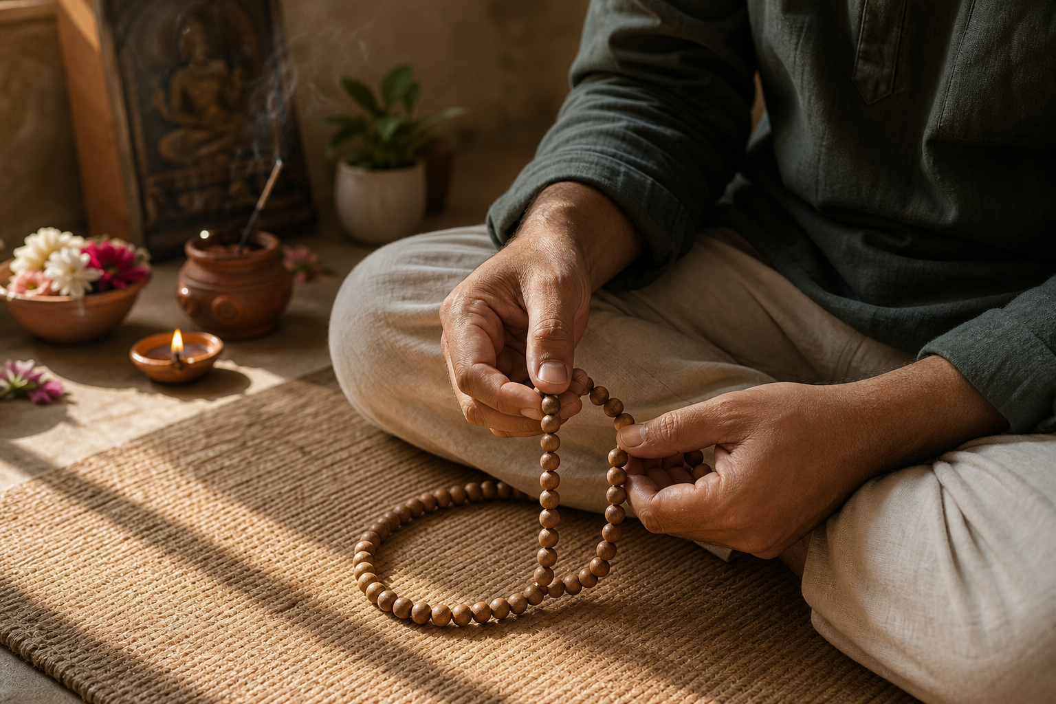 A seated adult practices with wooden prayer beads in a simple home prayer corner lit by morning sunlight.