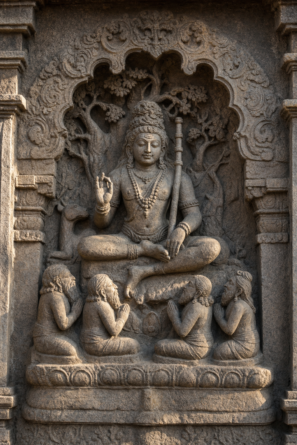 Seated staff-bearing Shiva relief with matted hair, a teaching gesture, small listening sages, foliage, and a carved pedestal.
