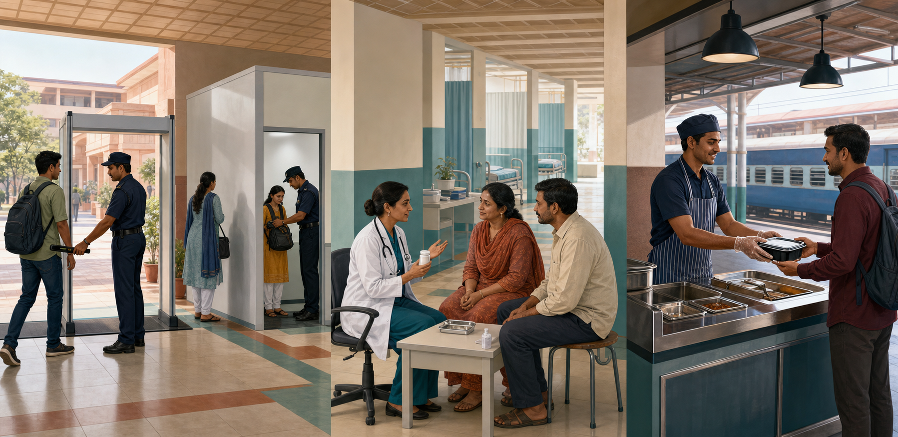 A panoramic illustration shows accommodation in an examination centre, a public hospital, and a railway meal service in India.
