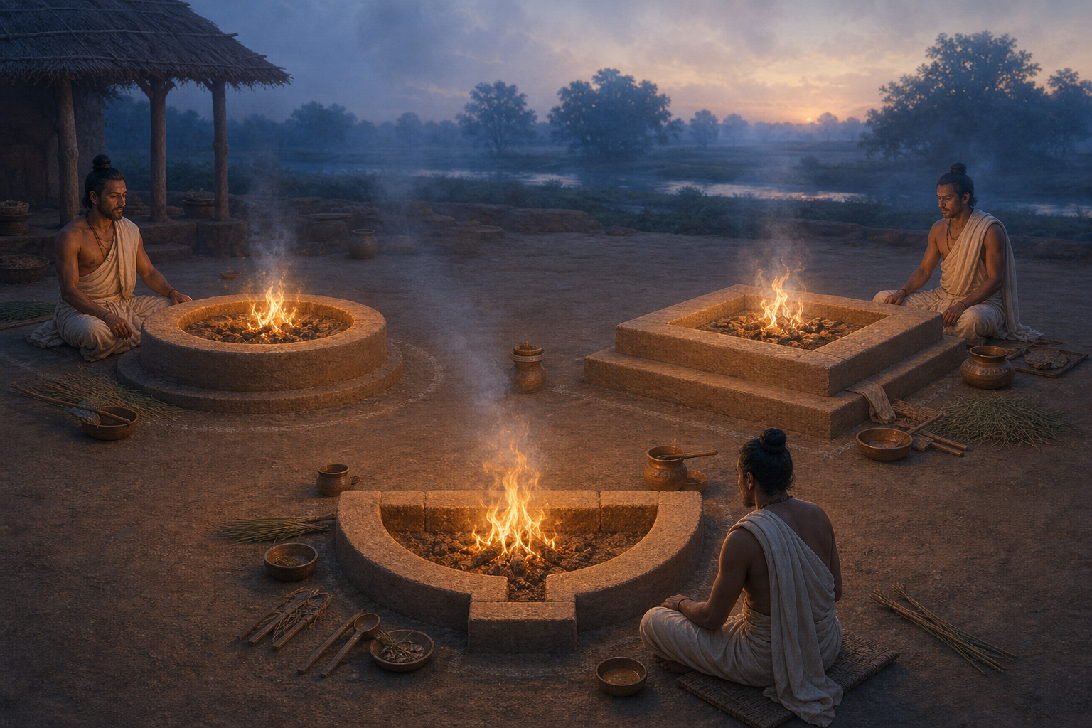 Three Vedic ritual fires arranged in an enclosure, with a circular western hearth, square eastern hearth, and semicircular southern hearth burning at dawn.