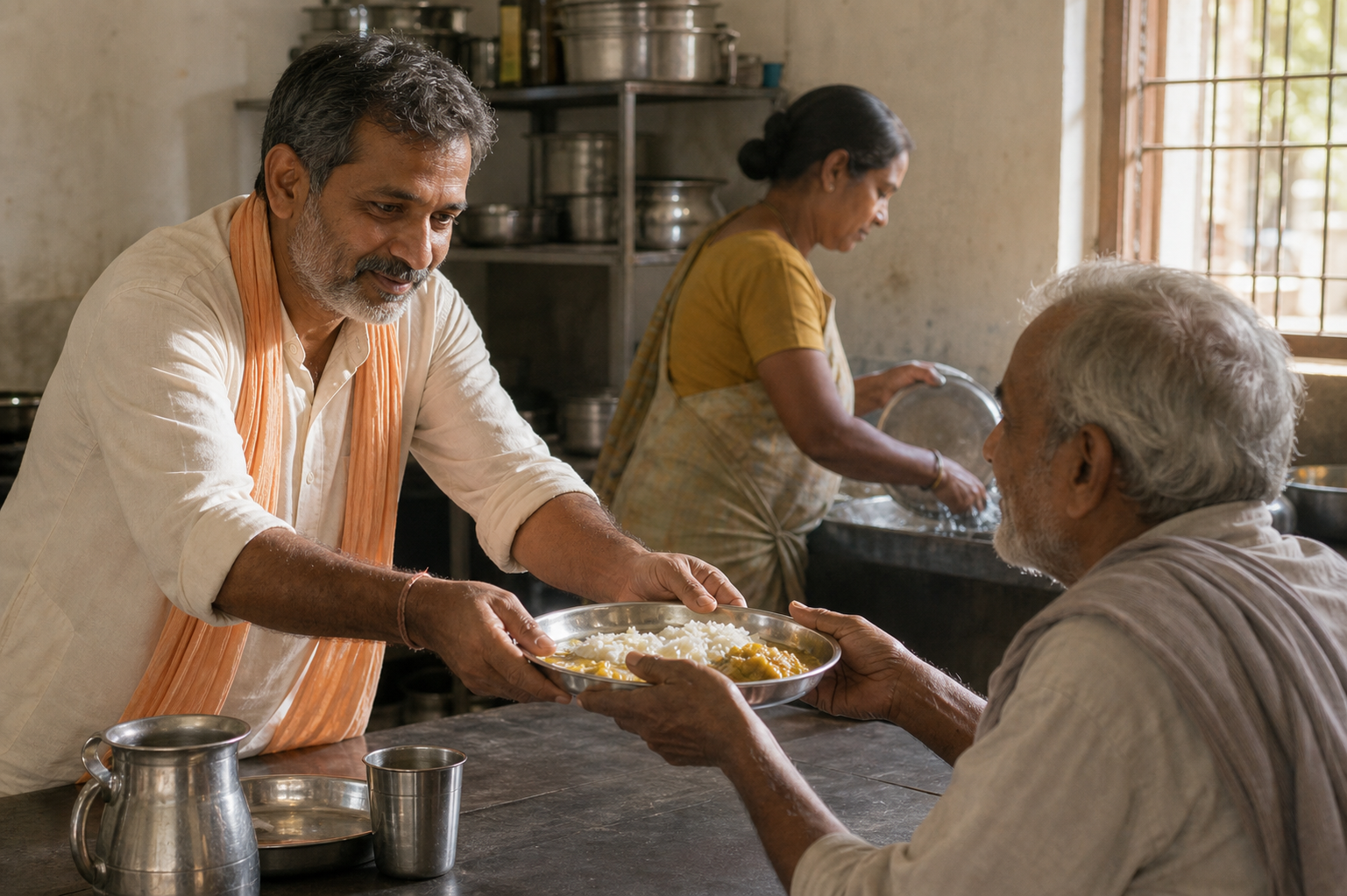 A volunteer serves a meal to an older guest in a bright community kitchen while another person washes dishes nearby.