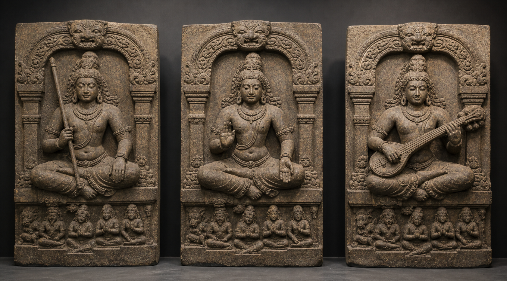 Three stone relief panels compare staff-bearing, teaching-gesture, and vina-holding forms of seated Dakshinamurti.