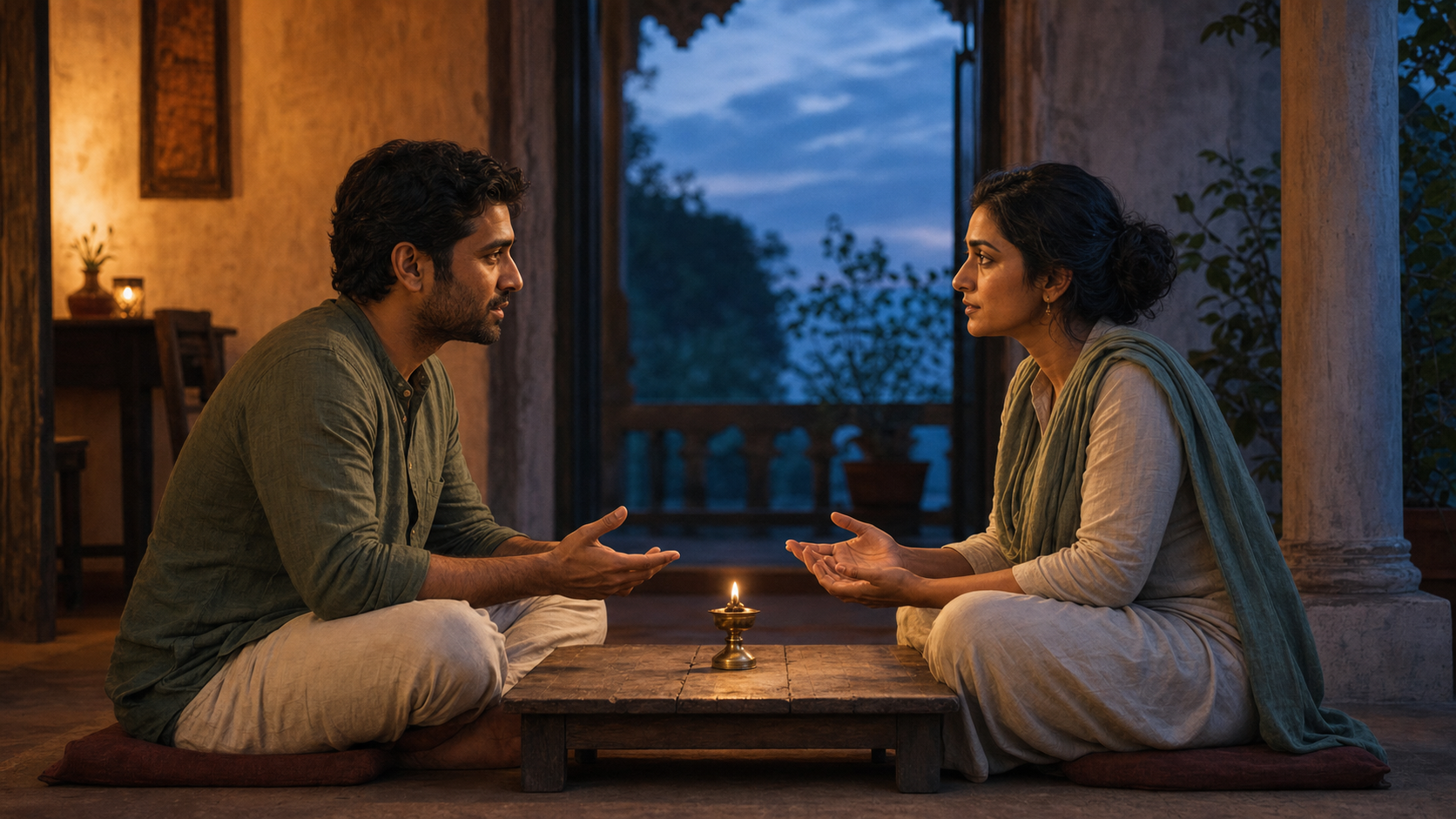 Two adults sit facing each other across a low table during a calm evening conversation, with a small oil lamp glowing between them.