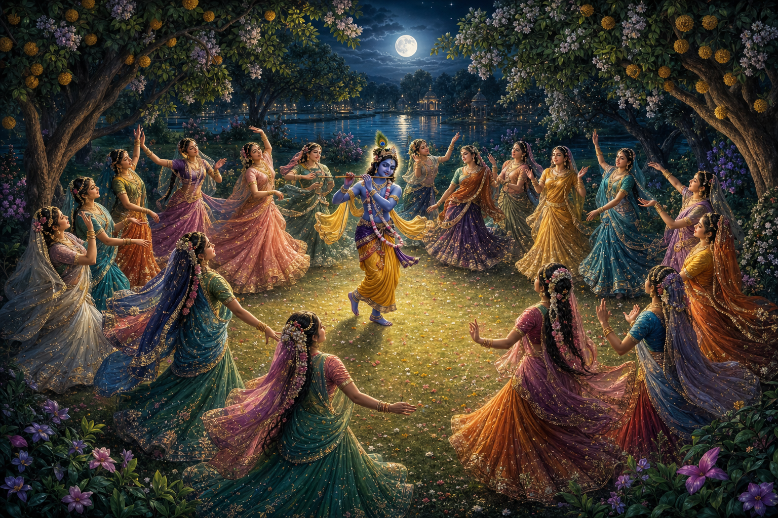 Krishna and the gopis dance in a circle beneath the moon in a flowering Vrindavan grove.