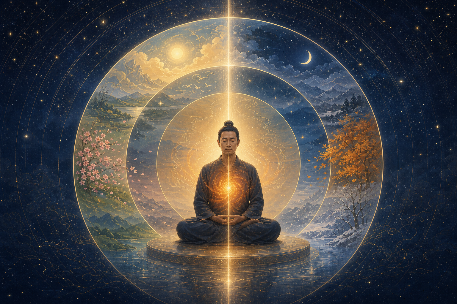 A seated meditator remains still at the center of three translucent circular forms representing breath, natural cycles, and the starry sky.
