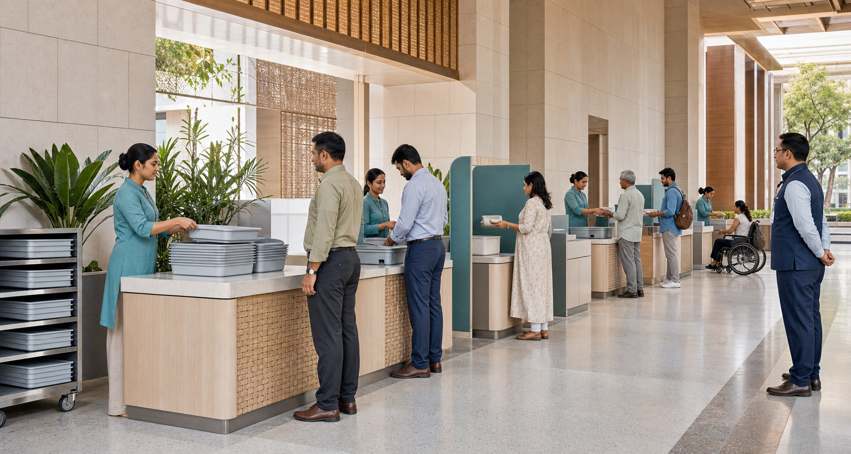 Staff in an Indian public building use matching trays, a privacy screen, and prepared service stations to handle accommodation requests consistently.