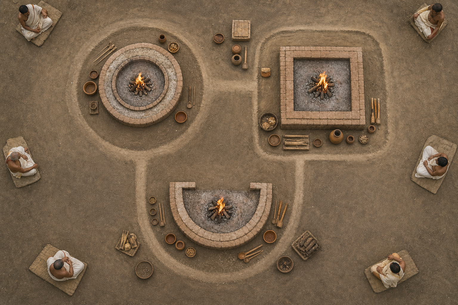 Overhead view of a Vedic ritual ground with circular, square, and semicircular hearths arranged as a three-fire system.