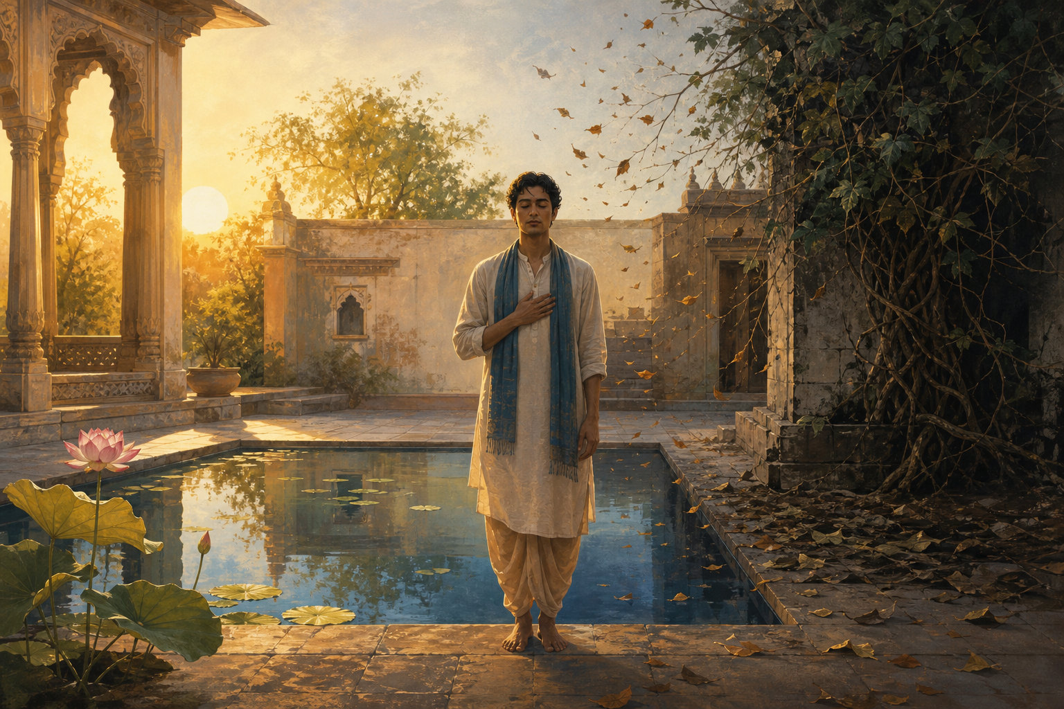 A person pauses beside a courtyard pool while calm light, windblown leaves, and a shaded corner suggest three different emotional states.