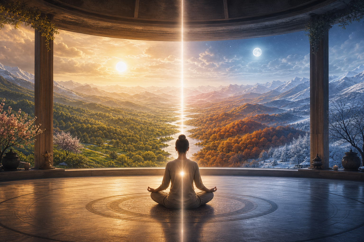 A meditator, a sunlit and moonlit room, and a mountain valley in four seasons are aligned around one central beam of light.