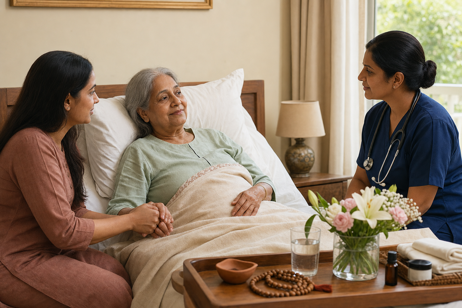An older patient rests in bed while a family member holds their hand and a healthcare professional listens beside them; prayer beads and flowers sit nearby.
