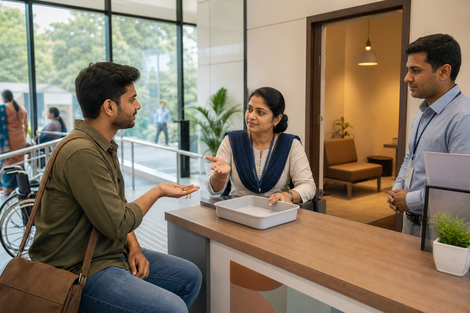 A visitor discusses a small religious item with a staff member at an Indian public service desk beside a private consultation room.
