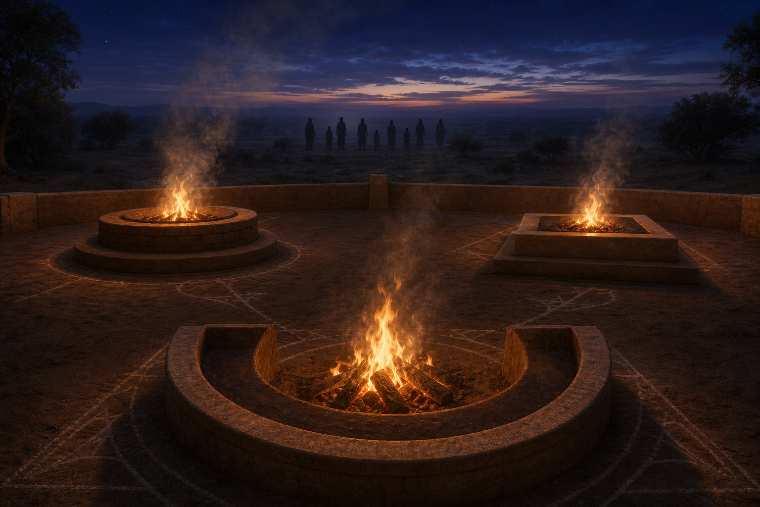 A semicircular southern ritual fire glows at twilight, with two other hearths behind it and faint human silhouettes in the distant landscape.