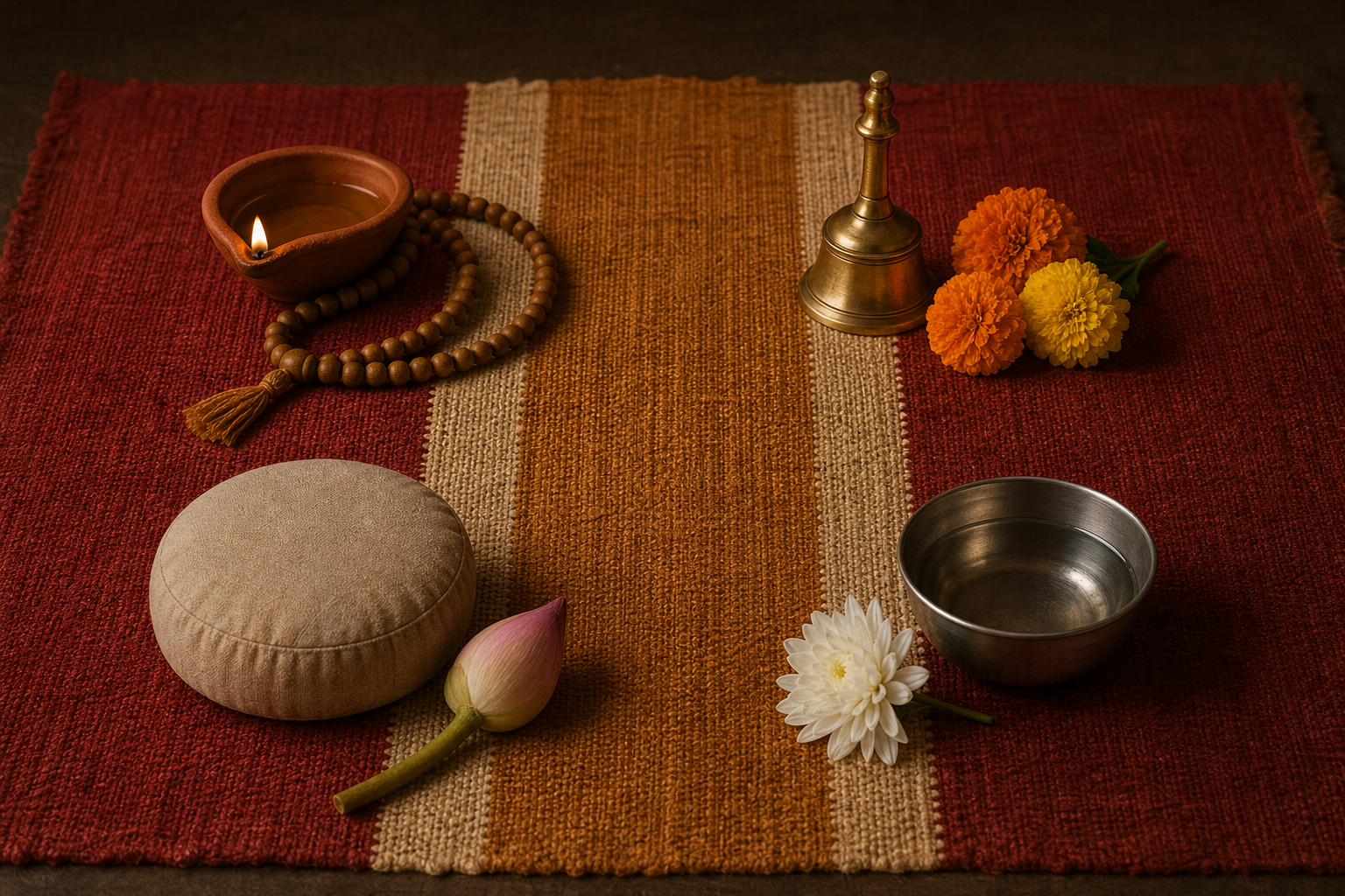 Separate devotional arrangements with an oil lamp, prayer beads, bell, flowers, meditation cushion, and water bowl rest together on a woven cloth.
