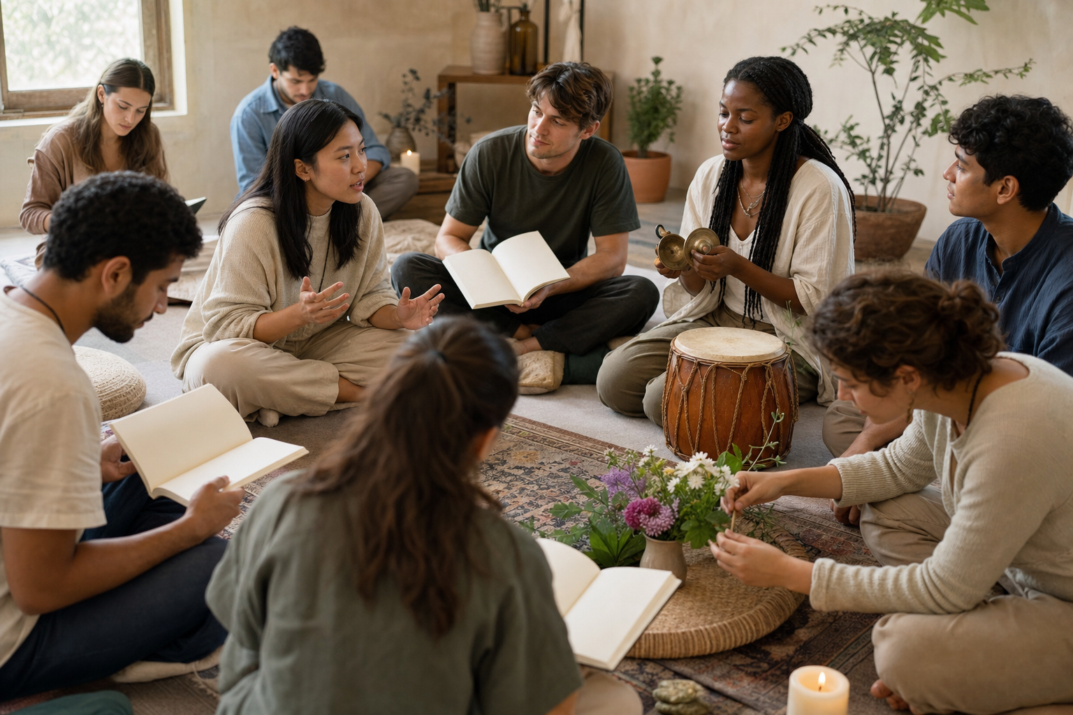 Young adults read scripture, discuss ideas, make devotional music, and arrange flowers with guidance from a teacher.