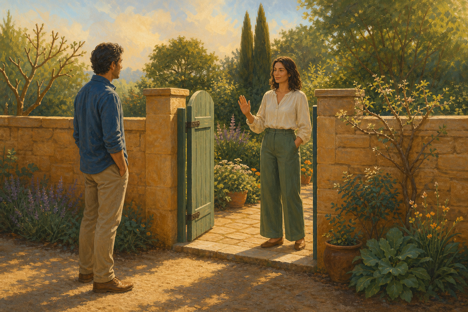 Two adults stand on opposite sides of an open garden gate and low stone wall, facing each other across a clearly defined threshold.