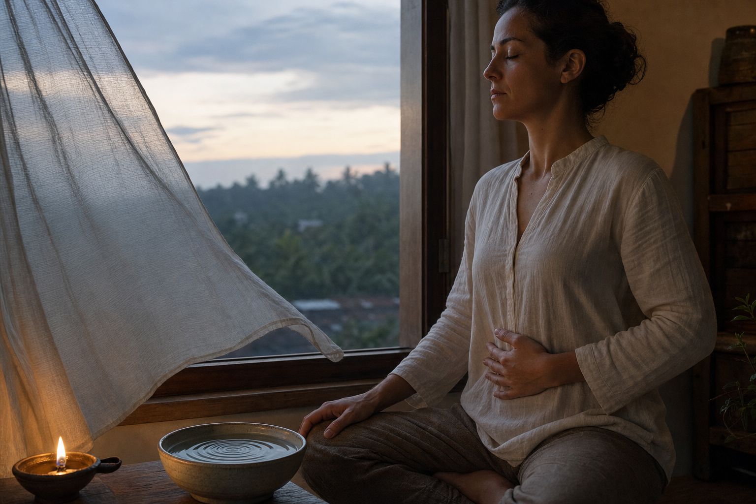 A person meditates beside a predawn window while a curtain moves in the breeze and ripples spread across a bowl of water.