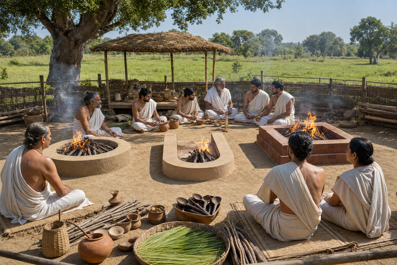 A householder couple and ritual specialists sit in an orderly open-air enclosure containing three maintained Vedic fire hearths and arranged implements.