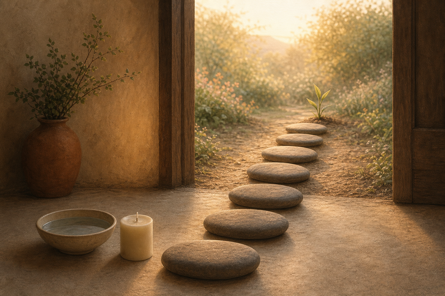 Seven smooth stones form a path from a shaded doorway toward a sunlit garden, ending beside a young green shoot.