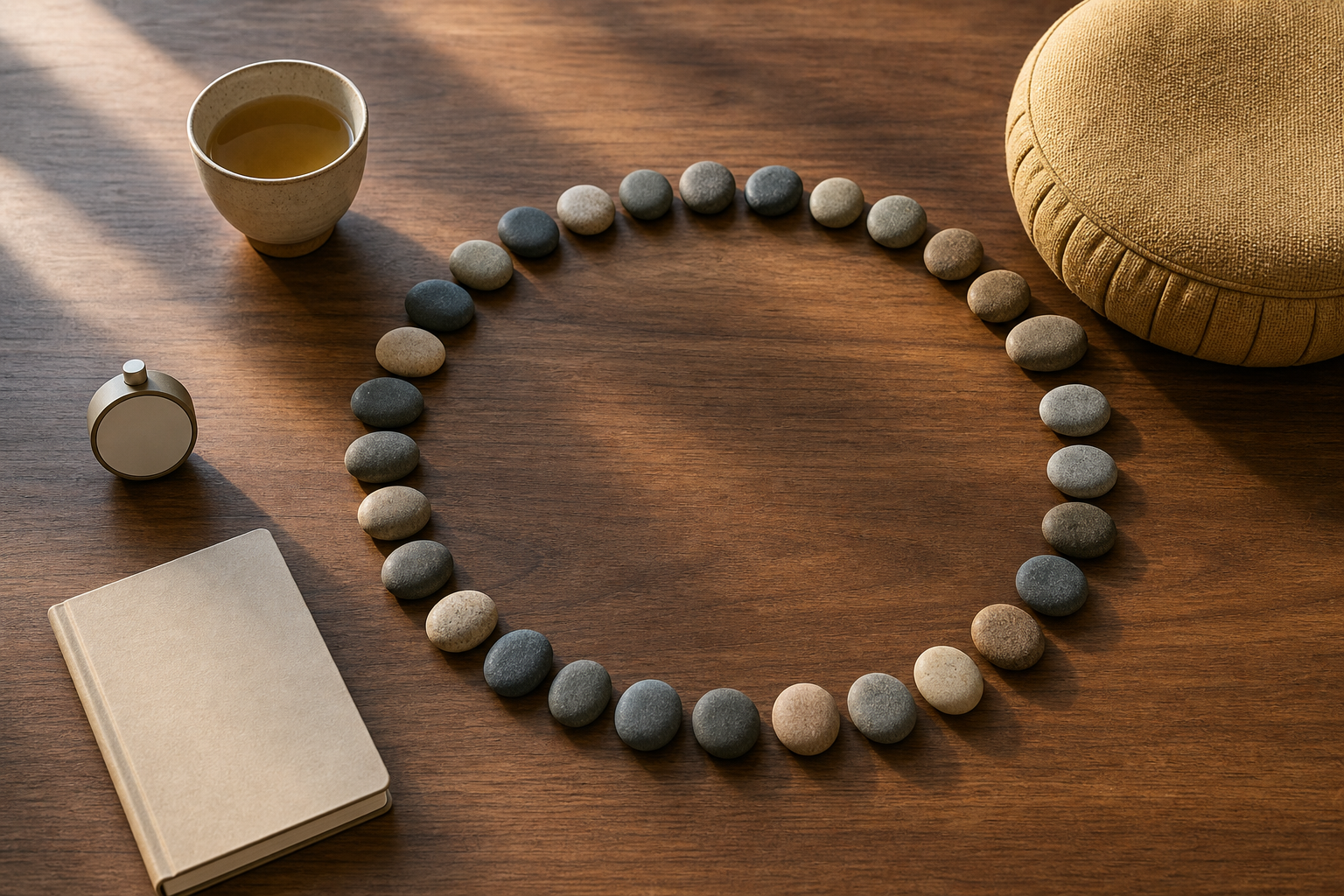 Twenty-eight river stones form a circle on a wooden table beside a meditation cushion, a plain journal, a simple timer, and a cup of tea.
