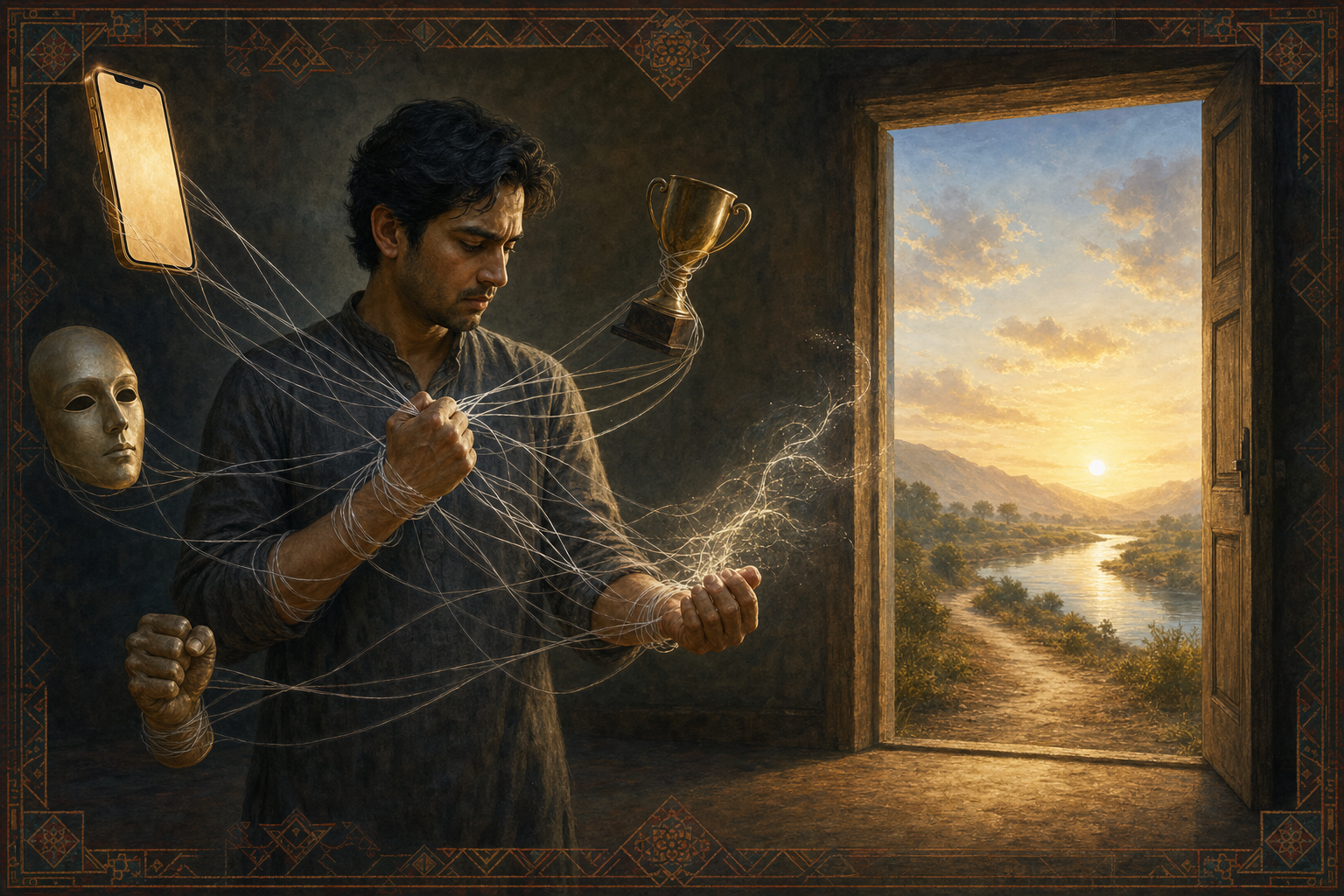 A person notices tangled threads in their hands linking them to a phone, mask, trophy, and clenched fist, while an open doorway reveals a bright river landscape.