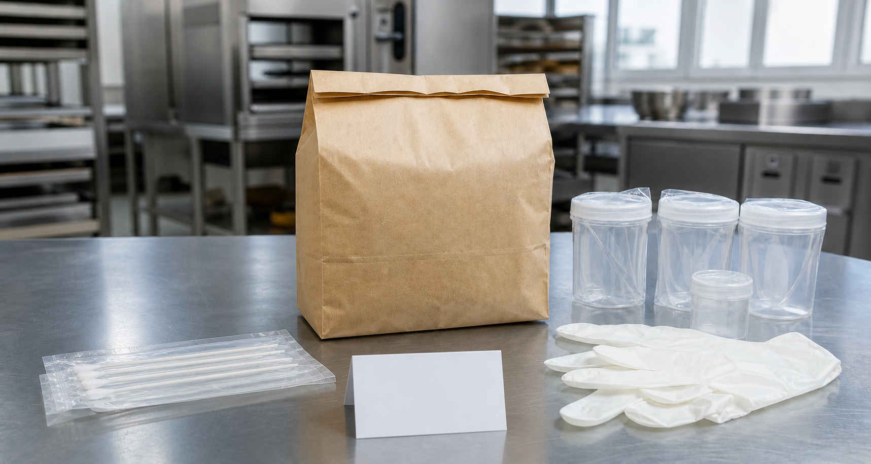 An unbranded bag of bread and biscuits on a stainless-steel table beside sealed sample containers, swabs, and inspection gloves.