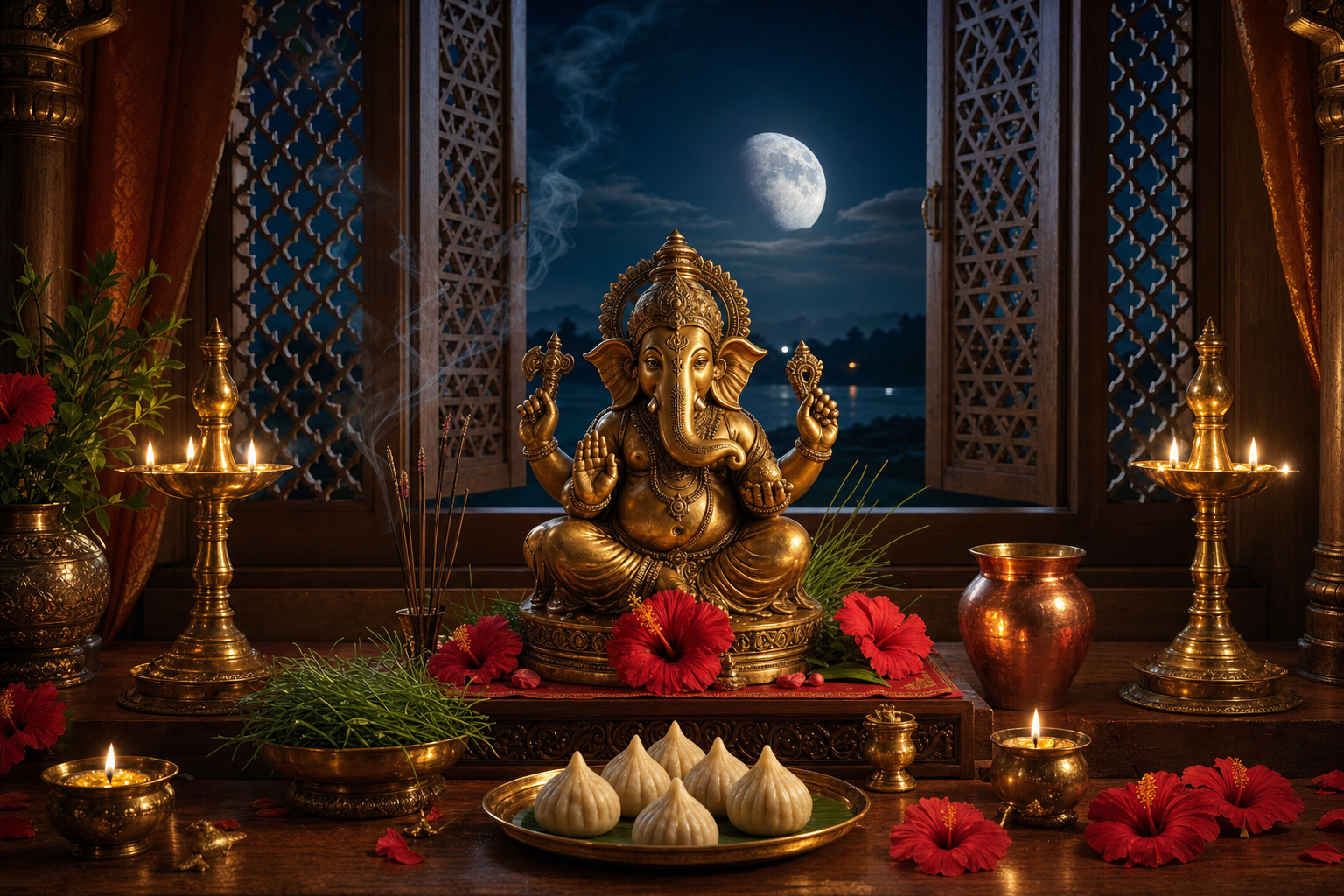 A Ganesha shrine with oil lamps, red hibiscus, durva grass, modaks, and a copper vessel beside a window overlooking the rising Moon.