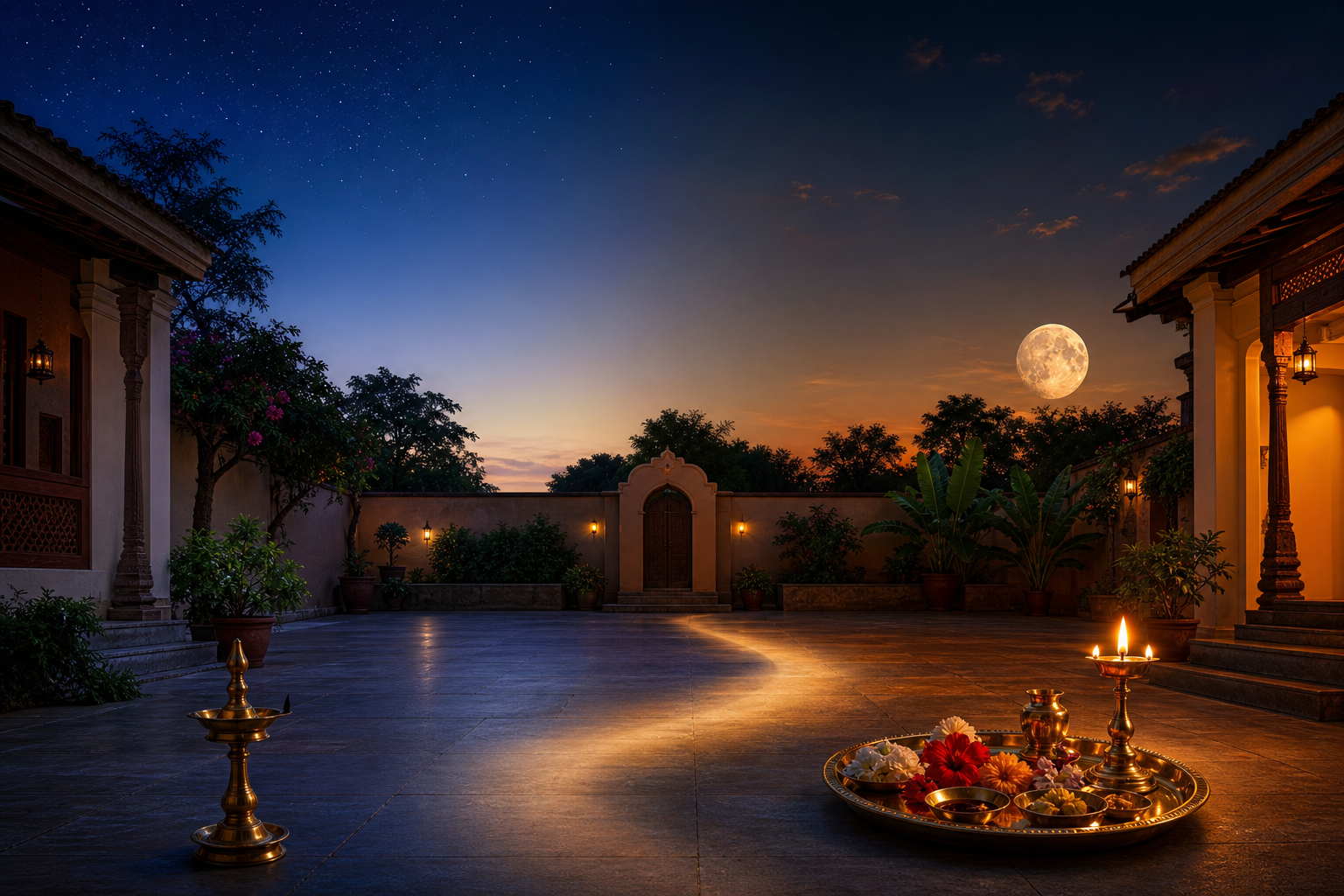 The same home courtyard shown before dawn and after sunset, with a puja tray and the Moon rising in the evening scene.