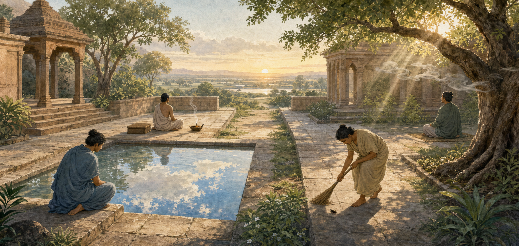 Four practitioners in separate parts of a shared courtyard contemplate reflections, meditate, sweep around a beetle, and sit beneath a tree.