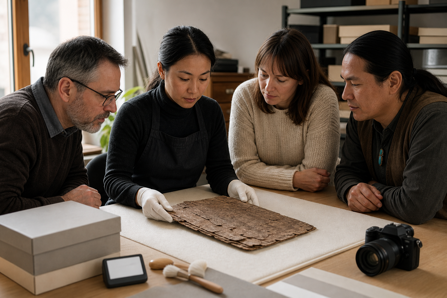Four fictional heritage specialists collaborate around a fragile birch-bark folio in a conservation workspace.