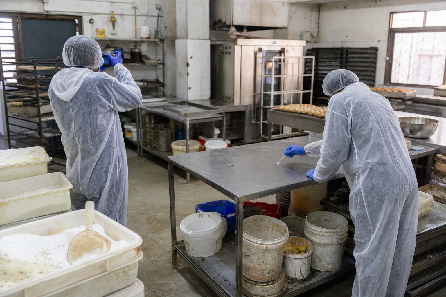 Two food-safety inspectors examine storage containers and collect a surface swab in a poorly maintained commercial bakery workspace.