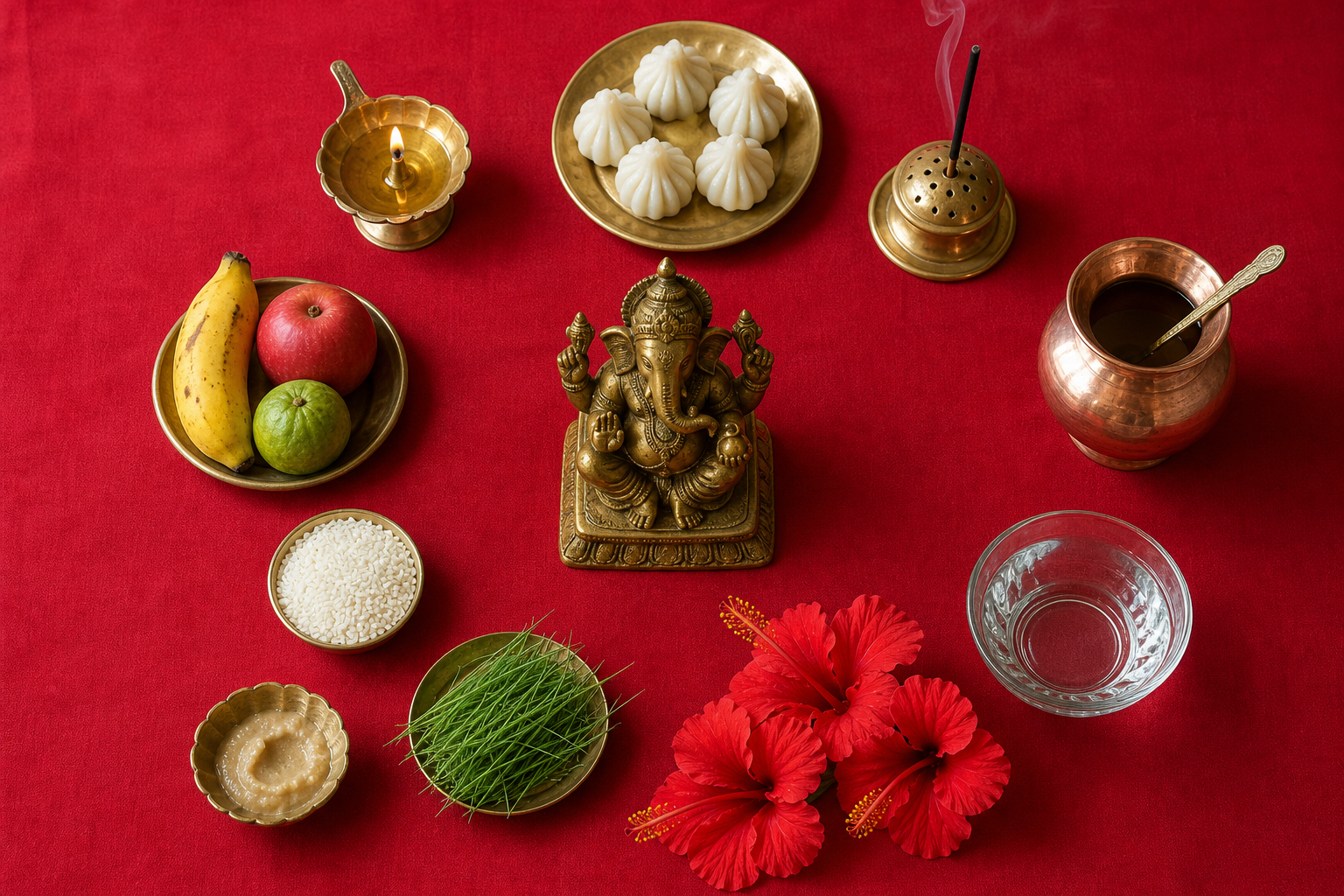 Puja items arranged around a brass Ganesha murti, including a diya, water vessel, hibiscus, durva grass, fruit, rice, incense, and modaks.