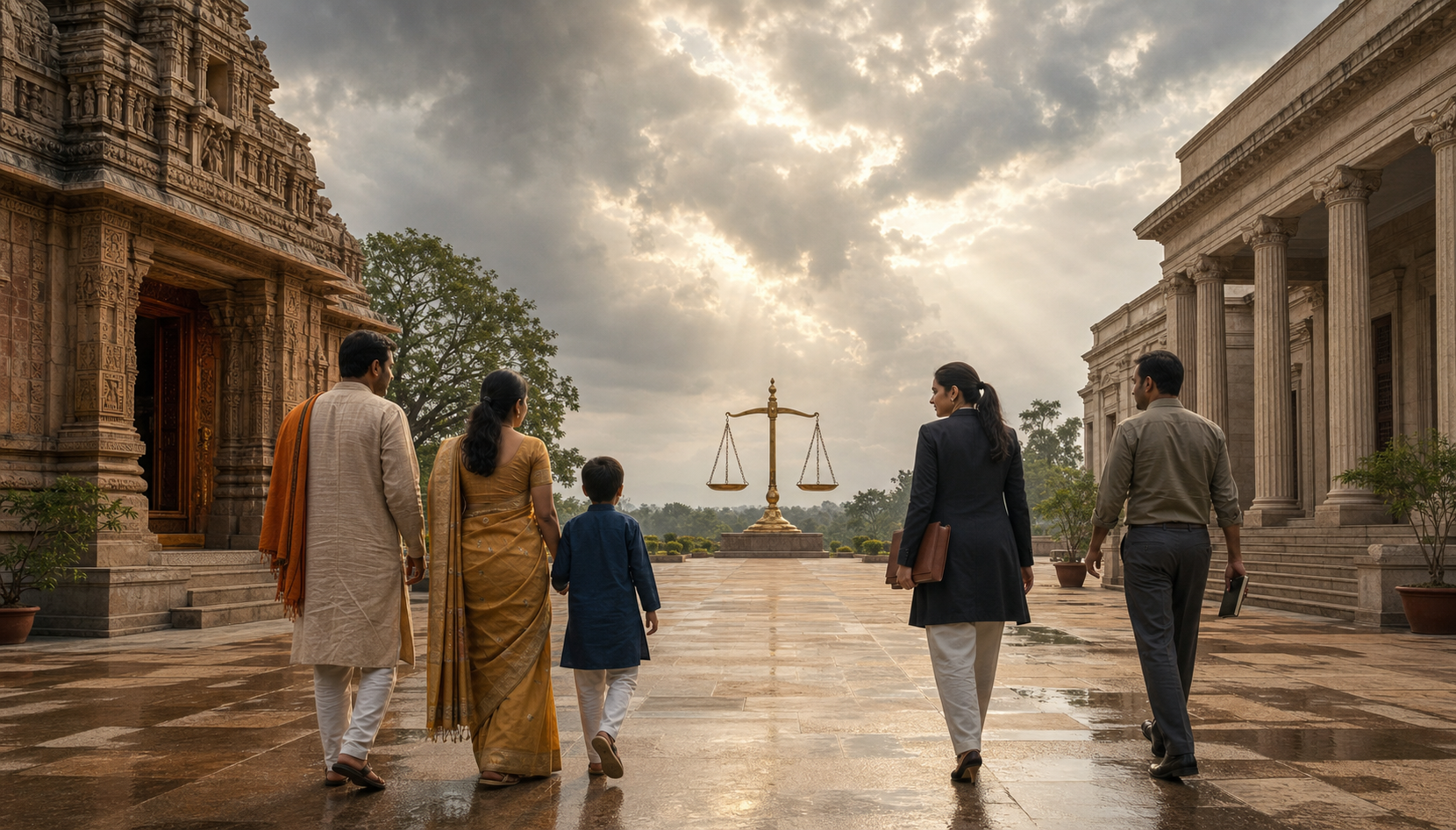 South Asian citizens, a lawyer, and an investigator stand between a temple entrance and a courthouse beside balanced scales of justice.