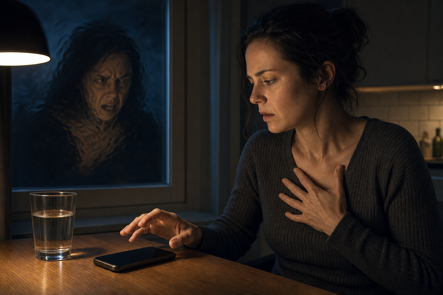 A person pauses with a hand above a smartphone while an agitated version of their face appears in the rippled window reflection.